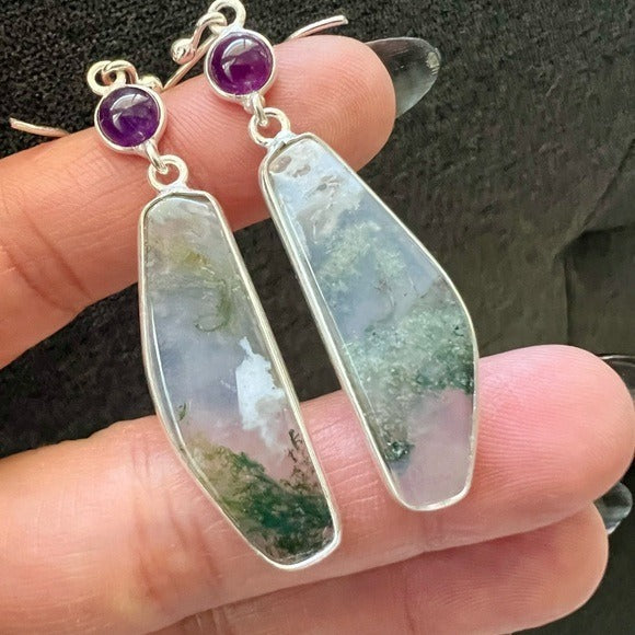925 EARTH STONE Moss Agate + Amethyst Earrings