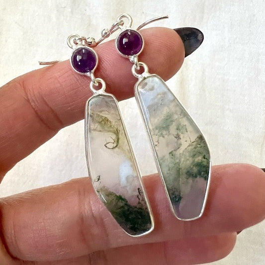 925 EARTH STONE Moss Agate + Amethyst Earrings