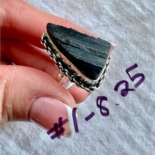 925 Geometric Raw Black Tourmaline Ring 8 8.5