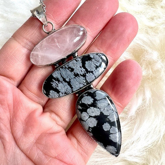 925 Love + Protection Rose Quartz + Snowflake Obsidian Pendant Necklace
