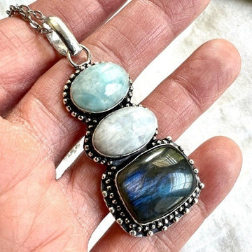 925 Gorgeous! Blue Flash Moonstone + Labradorite + Larimar Pendant Necklace