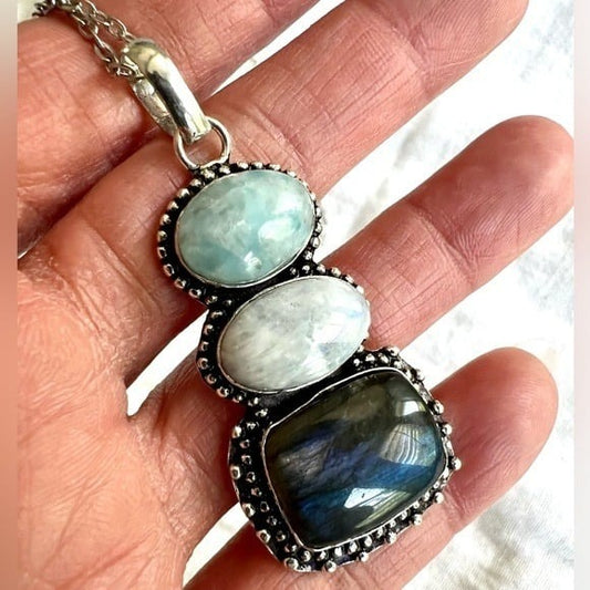 925 Gorgeous! Blue Flash Moonstone + Labradorite + Larimar Pendant Necklace