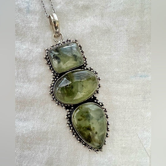 925 Triple Moss Prehnite Pendant Necklace