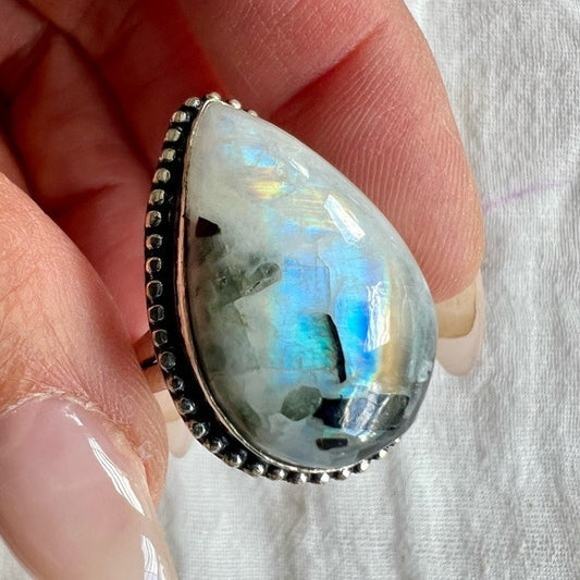 925 WOW WOW! Rainbow Flash Moonstone Ring w/ Blk Tourmaline 11.75