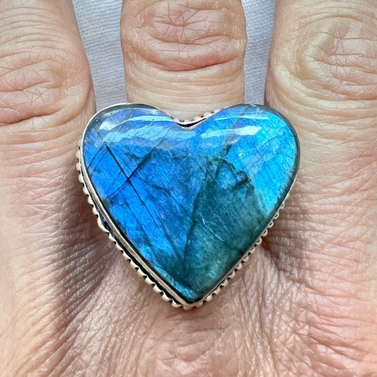 925 Blue Flash Labradorite ❤️ Heart Ring 8.5