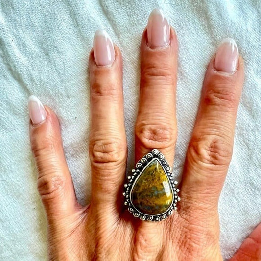 925 CONFIDENCE Yellow Moss Agate Ring 9