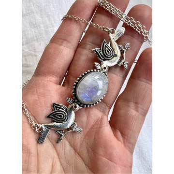 925 Peace Dove Rainbow Flash Moonstone Pendant Necklace Birds