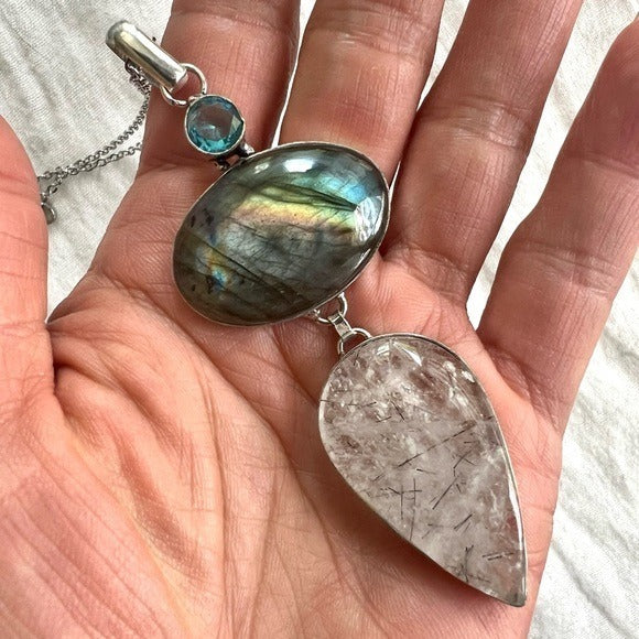 925 WOW WOW! Rainbow Flash Labradorite + Tourmalated Quart Pendant Necklace
