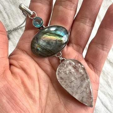 925 WOW WOW! Rainbow Flash Labradorite + Tourmalated Quart Pendant Necklace