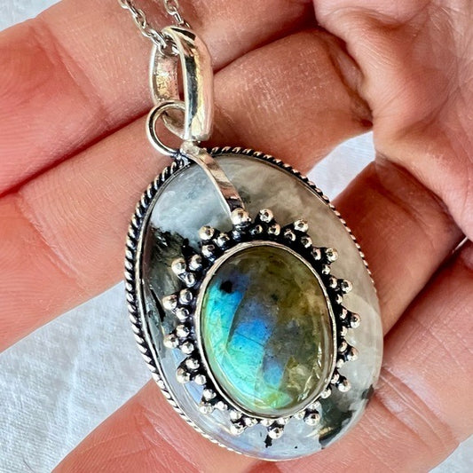 925 OMG Gorgeous! Flash Labradorite + Moonstone w/ Tourmaline Necklace Pendant