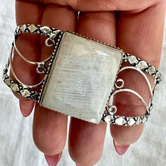 925 Fem Vibe Rainbow FLASH Moonstone Cuff Bracelet
