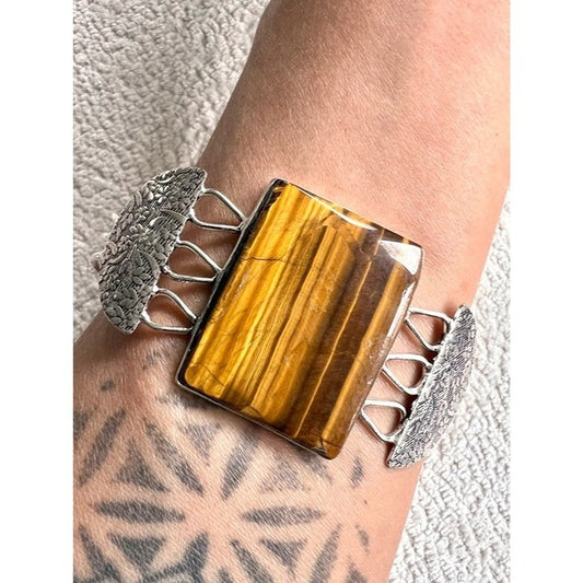925 HUGE Raw Tigers Eye Stone Cuff Bracelet