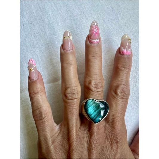 925 Sea Blue Ocean Flash Labradorite HEART Ring 8