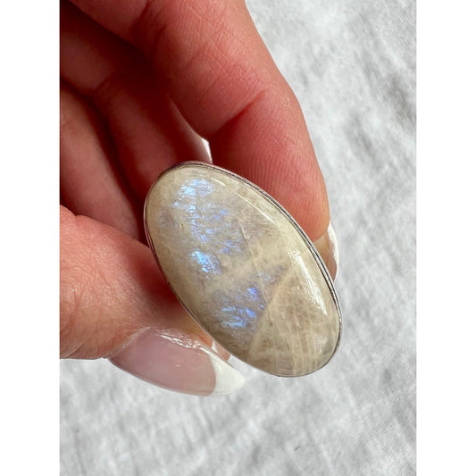 925 OMG Gorgeous! Blue Flash PEACH MOONSTONE Ring 6.5