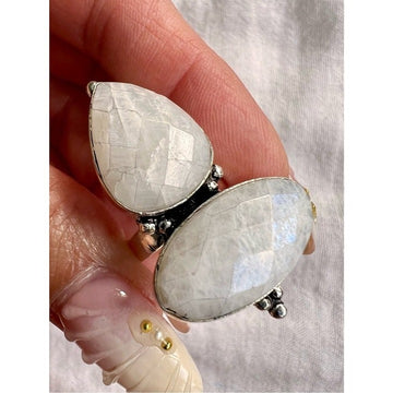 925 OMG HUGE Faceted Double Rainbow Moonstone Elegant Ring 6.75