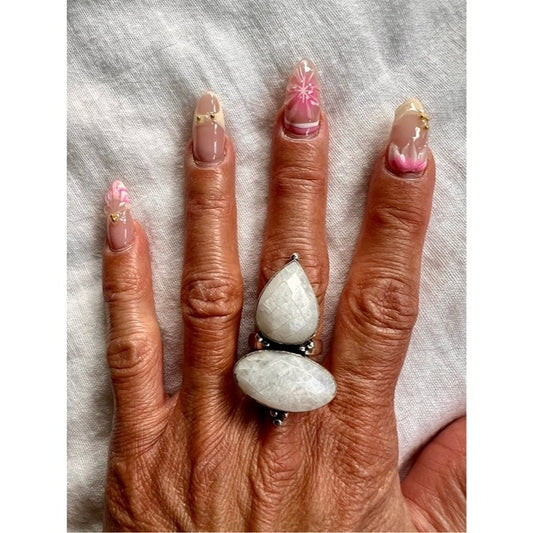 925 OMG HUGE Faceted Double Rainbow Moonstone Elegant Ring 6.75