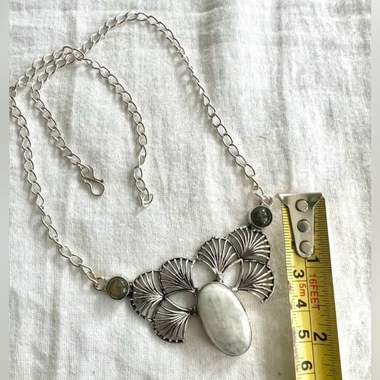 925 Stunning! Ornamental Fan Moonstone + Flash Labradorite Necklace Pendant