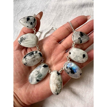 925 GODDESS ! Rainbow Flash Moonstone w/ Black Tourmaline Collar Bib Necklace