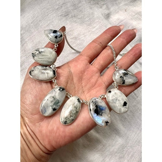 925 GODDESS ! Rainbow Flash Moonstone w/ Black Tourmaline Collar Bib Necklace