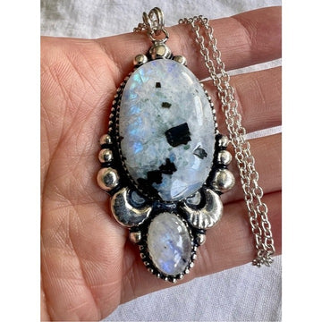 925 Protection + Intuition Flash Moonstone W/ Black Tourmaline Necklace Pendant
