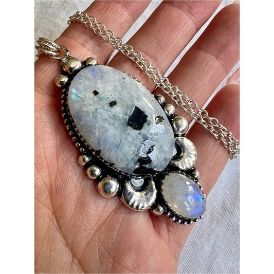 925 Protection + Intuition Flash Moonstone W/ Black Tourmaline Necklace Pendant