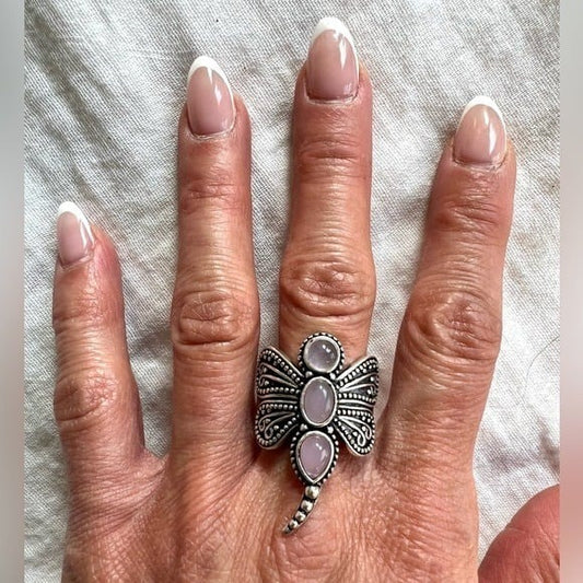 925 Self Realization Rose Quartz Dragonfly Ring 10