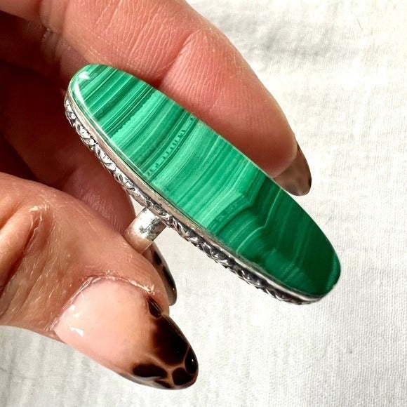 925 Heart Chakra Long Elegant Malachite Ring 6.75