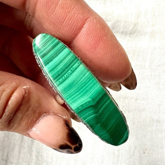 925 Heart Chakra Long Elegant Malachite Ring 6.75