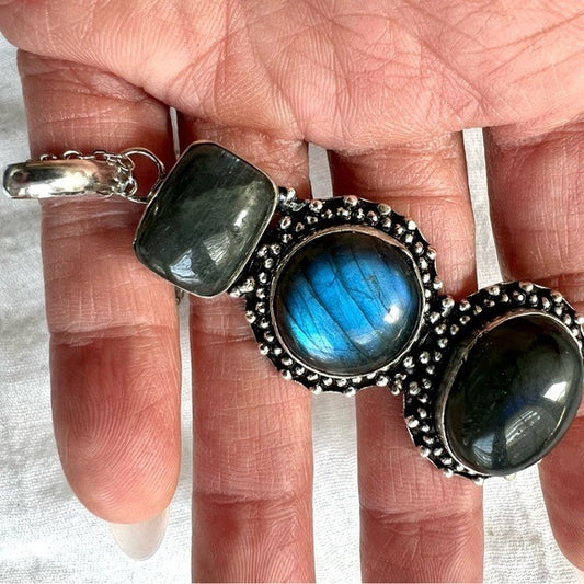925 Triple Flash Blue Labradorite Necklace Pendant
