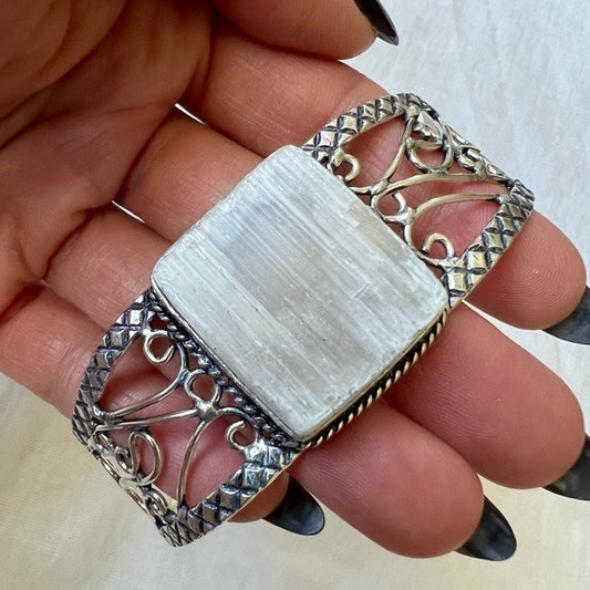 925 RAW Selenite Crystal Charging Cuff Bracelet