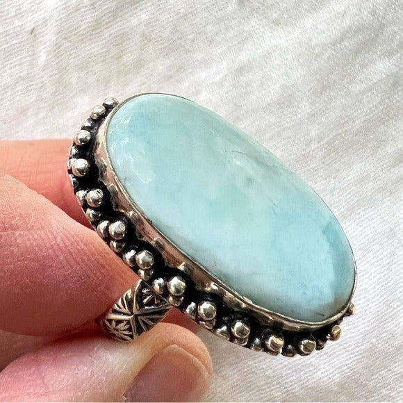 925 Gorgeous Larimar Ring w/ stamped band 9.25