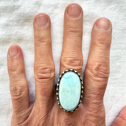 925 Gorgeous Larimar Ring w/ stamped band 9.25