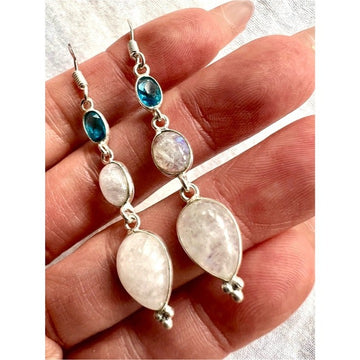 925 Ethereal Moonstone + Swiss Blue Topaz Long Earrings
