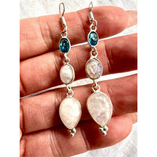 925 Ethereal Moonstone + Swiss Blue Topaz Long Earrings