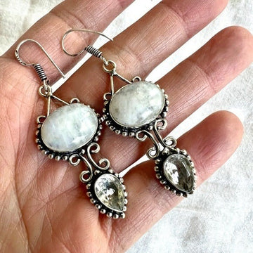 925 Beautiful! Rainbow Flash Moonstone + Topaz Earrings