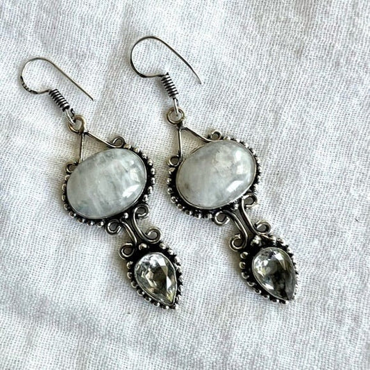 925 Beautiful! Rainbow Flash Moonstone + Topaz Earrings