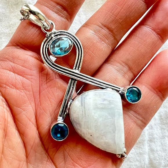 925 Yin Moonstone + Swiss Blue Topaz Necklace Pendant