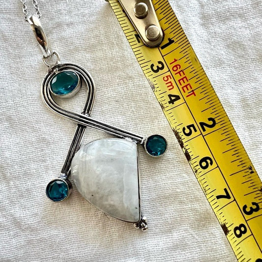 925 Yin Moonstone + Swiss Blue Topaz Necklace Pendant