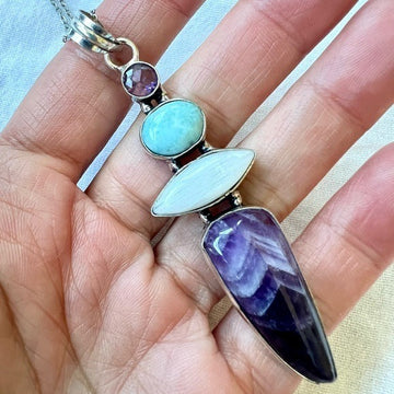 925 Highest Power Amethyst + Rainbow Flash Moonstone + Larimar Pendant Necklace