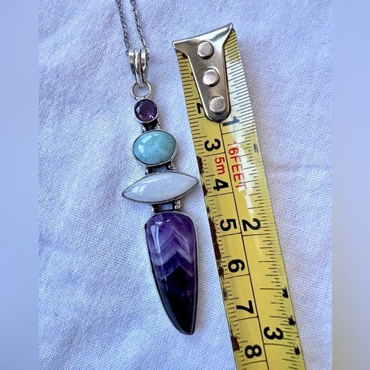 925 Highest Power Amethyst + Rainbow Flash Moonstone + Larimar Pendant Necklace