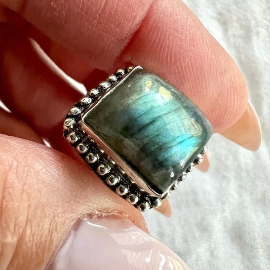 925 Square Flash Labradorite Ring 7.5