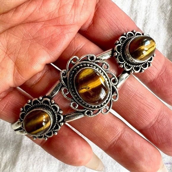 925 Solar Chakra Courage! Triple Tigers Eye Bracelet Cuff