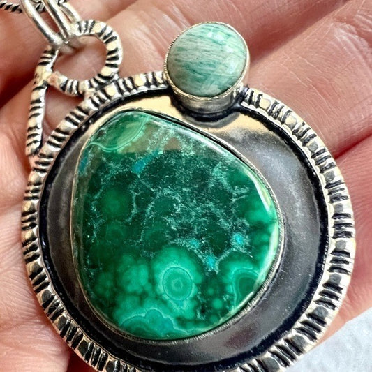 925 Malachite Chrysocolla w/ Larimar Portal Pendant Necklace