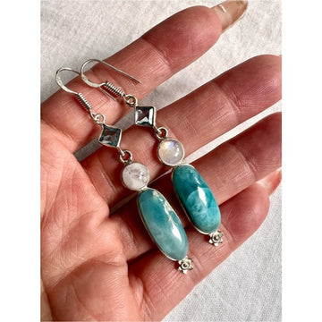 925 Gorgeous! 🩵 Larimar + Flash Moonstone + Swiss Topaz Earrings