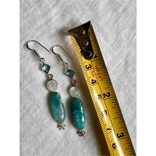 925 Gorgeous! 🩵 Larimar + Flash Moonstone + Swiss Topaz Earrings