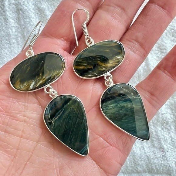 925 Blue Black Brown Tigers Eye Earrings