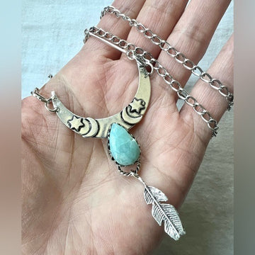 925 Flawed Boho Caribbean Larimar Feather Pendant Necklace