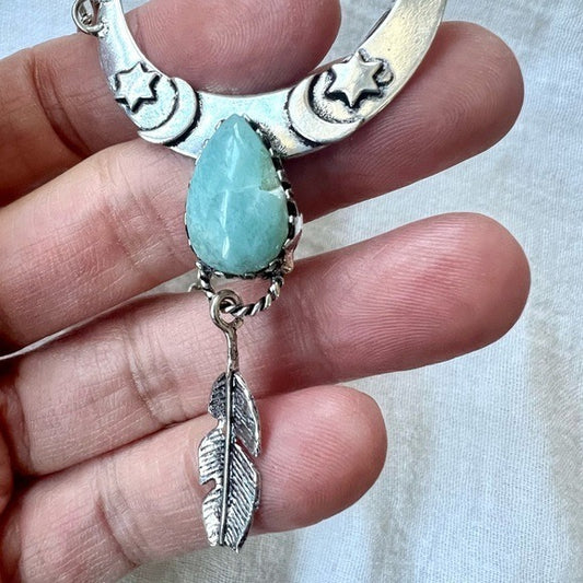 925 Flawed Boho Caribbean Larimar Feather Pendant Necklace