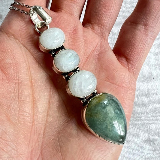 925 Elegant Long Moonstone + Aquamarine Pendant Necklace