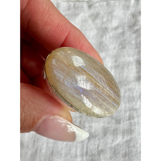925 Blue Flash PEACH MOONSTONE Cabachon Ring 9.25